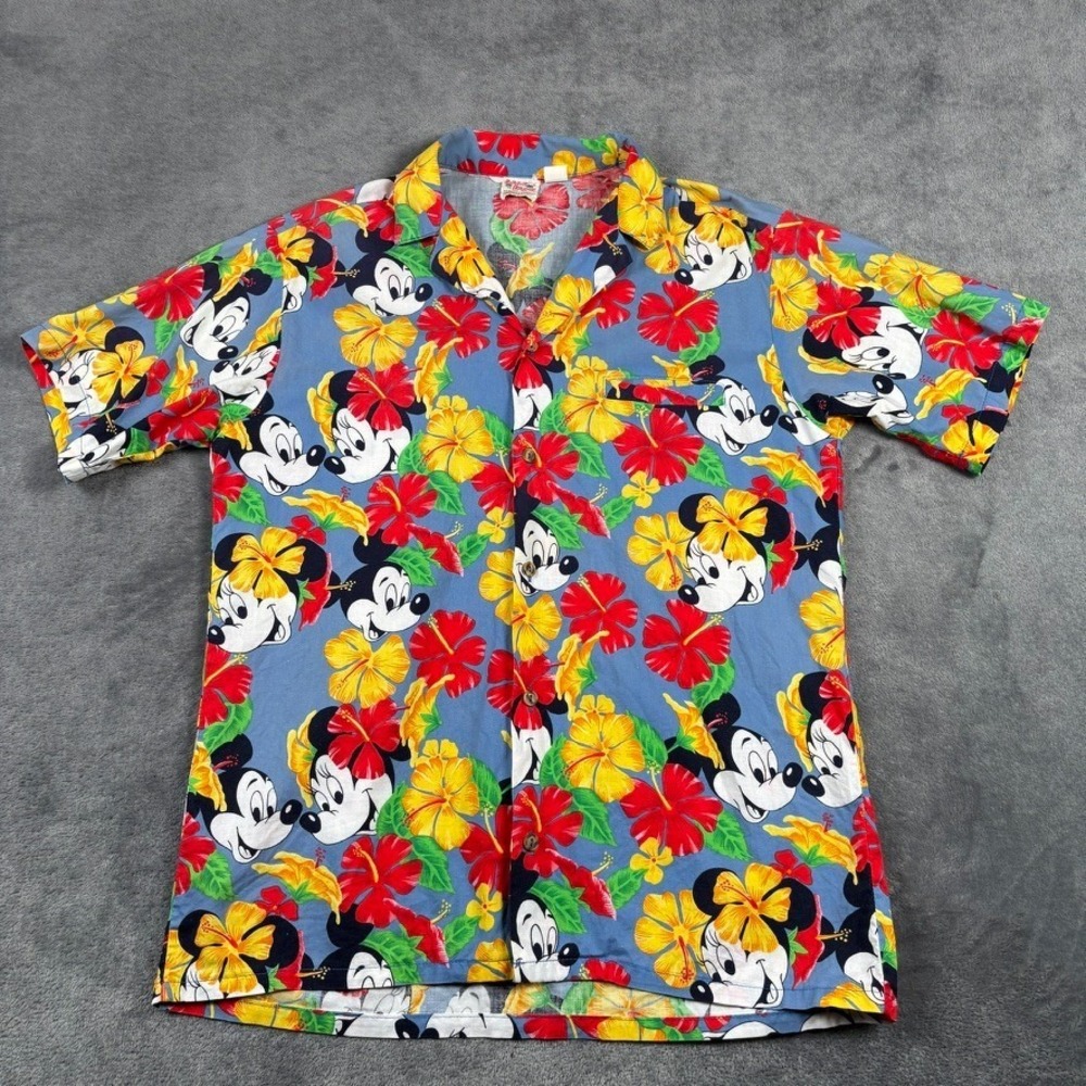 Vintage Barefoot In Paradise Disney Mickey Minnie Hawaiian Shirt Medium USA 90s